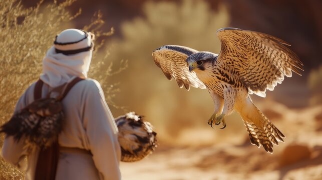 A falconer in traditional attire gazes at a soaring falcon in a desert landscape, capturing the essence of falconry culture.