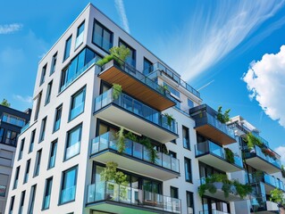 Obraz premium Modern Apartment Building with Balconies and Greenery, Architecture, Exterior, Modern Design, Urban Living