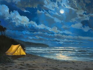 Moonlight Campsite on the Coast, Digital Painting, Camping, Nature, Seascape, Night