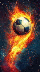 Naklejka premium soccer ball is on fire flying in space digital art style illustration painting
