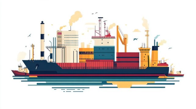 cargo ship at port, flat design clip art preview