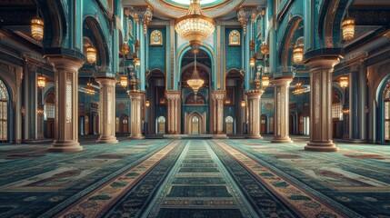 Obraz premium A stunning, ornate interior showcasing grand arches, intricate patterns, and elegant chandeliers in a richly decorated space.