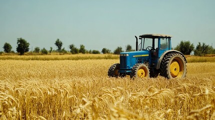 Obraz premium Golden wheat field with harvester