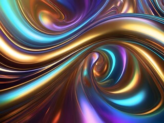 A futuristic, holographic abstract background with swirling iridescent colors, giving a shiny, reflective appearance with subtle rainbow effects and smooth metallic textures