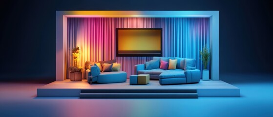 Modern Living Room with Colorful Lighting Effects