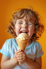 Joyful Child Eating Ice Cream Cone Against Colorful Background