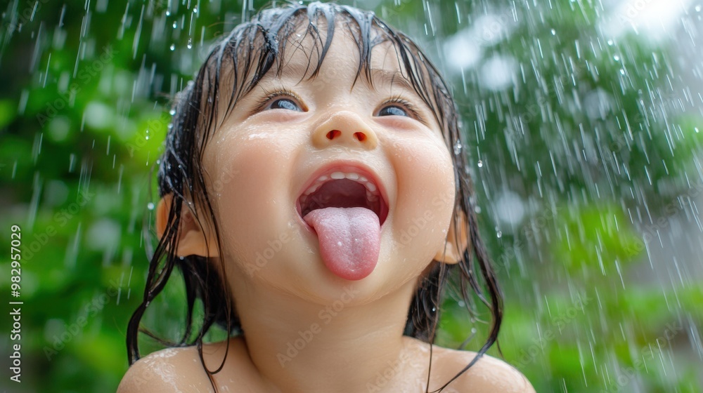 Poster A little girl sticking her tongue out while she is under the water, AI