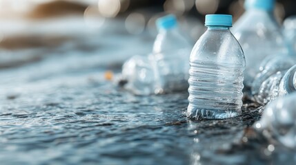 An image featuring several plastic bottles with blue caps floating in water, catching the sunlight; the floating waste symbolizes environmental pollution in marine settings.