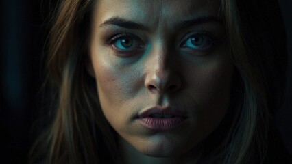 A close-up expressive studio photo portrait of an attractive worried pensive blue eyed young woman looking straight at the camera standing against dark black background.