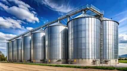 Large stainless steel grain silo for agricultural storage with industrial design