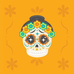 Día de muertos skull with Mexican decoration on orange background