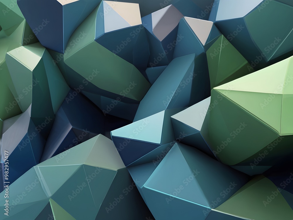 Poster a low-poly style background with geometric polygonal shapes in various shades of blue and green, cre