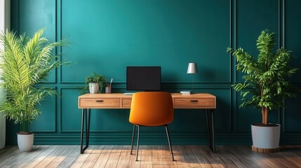 Teal Wall Home Office Desk with Orange Chair and Plants