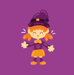 cute little girl in witch costume for Halloween smiling