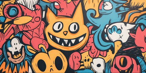 Colorful street art mural with various cartoon characters, including a smiling cat, abstract creatures, and vibrant designs.
