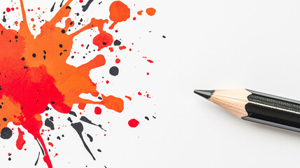 Naklejka premium Creative energy is captured in splashes of red and black paint alongside sharpened pencil, symbolizing artistic expression and inspiration