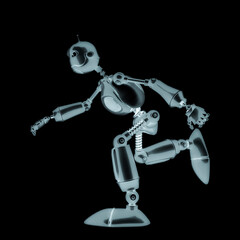 funny robot cartoon is walking late for business
