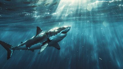 Naklejka premium A grey shark swimming in a vibrant coral reef, showcasing the beauty and danger of marine life in a tropical sea
