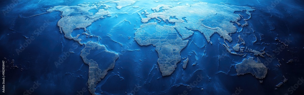 Poster detailed world map graphic in blue, representing digital data and global networking