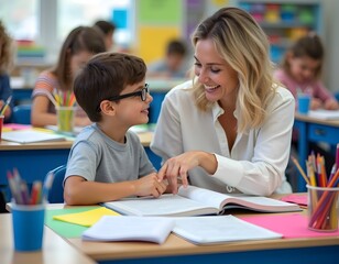 Joyful Teacher-Student Interaction in the Lively Classroom Setting with Books and Educational Supplies