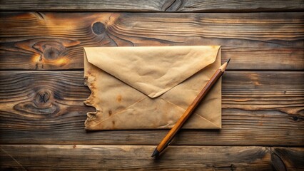 Fototapeta premium Vintage burned paper envelope and pencil on rustic wooden background for nostalgic concept