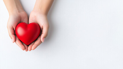 Fototapeta premium Hands holding bright red heart symbolizing love, compassion, and connection. This image evokes feelings of warmth and affection, perfect for expressing heartfelt emotions