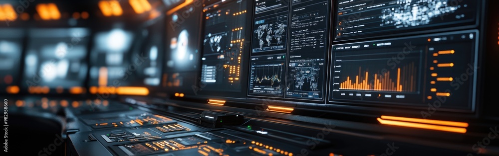 Poster an analyst reviews a detailed digital dashboard for data management and analytics