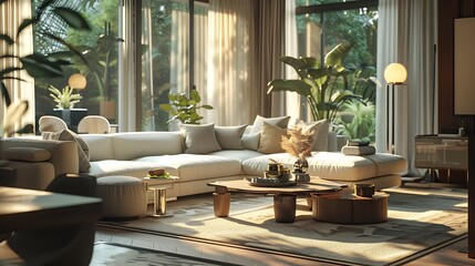 A 3D render of a modern living room showcasing a full scene with a stylish sectional sofa, contemporary coffee table, and elegant decor, all bathed in soft, ambient light