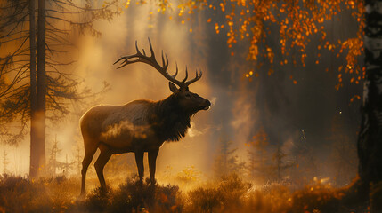 Majestic Elk in Golden Dawn: An elk stands majestically in a forest bathed in the golden light of dawn, its antlers reaching towards the sky, a symbol of strength and resilience. 