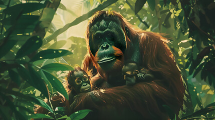 Obraz premium Guardians of the Emerald Embrace: A majestic orangutan mother cradles her young amidst the vibrant foliage of a sun-dappled rainforest.