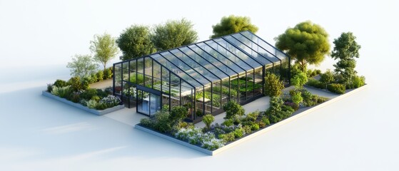 Modern Glass Greenhouse Surrounded by Lush Gardens