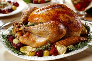 Thanksgiving Turkey. Festive Holiday Dinner Table with Traditional Roasted Turkey