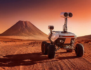 Mars rover is exploring the red planet surface near a volcano, searching for signs of life