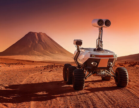 Mars rover is exploring the red planet surface near a volcano, searching for signs of life