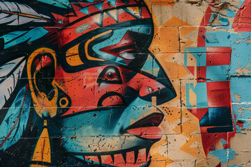 A colorful painting of a Native American head with a feather on it