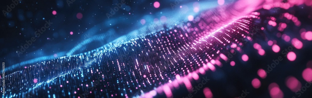 Poster a vibrant display of particles and data connections in a futuristic cyberspace setting
