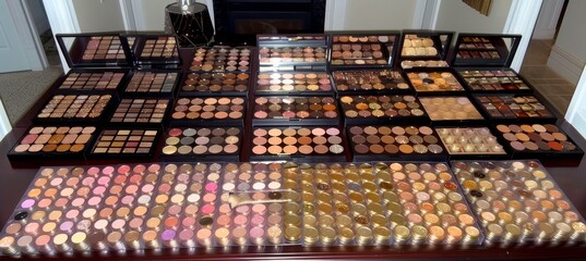 Obraz premium Elegant makeup products artfully organized on a stylish vanity for effortless beauty routine