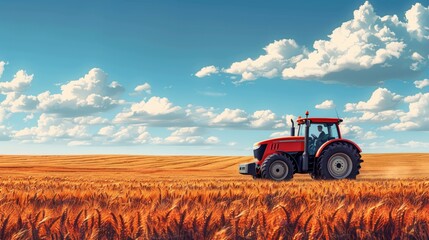 Obraz premium Powerful tractor at work, turning over soil on a vast farmland under a clear sky