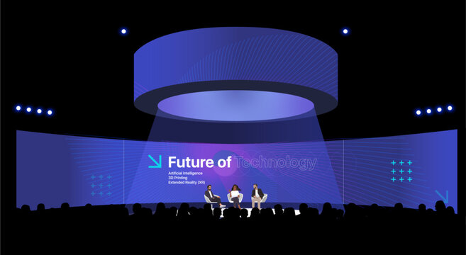 Modern Tech Conference Scene, Big Screens, Event Stage, Speaker Podium