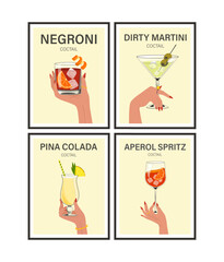 Female hands holding classic cocktails minimalist posters