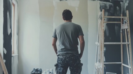 A man standing in a room analyzing walls before starting a painting project.