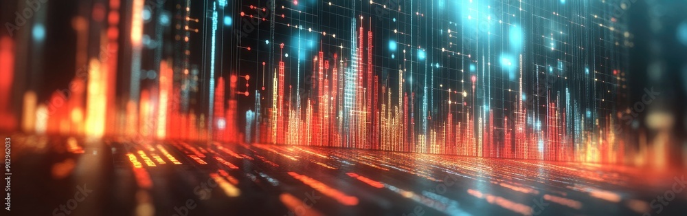 Poster visual representation of stock market dynamics through colorful digital graphs and data insights