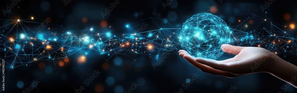 Poster a hand reaches out to hold a luminous global network representing advanced internet communication
