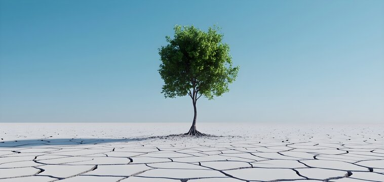 Lone tree on barren deforested land, environmental destruction, biodiversity crisis, 3D illustration