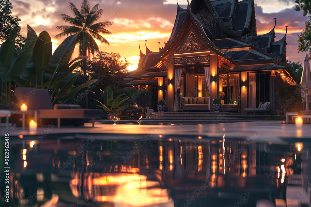 Poster a beautiful house with a pool and a palm tree in the background