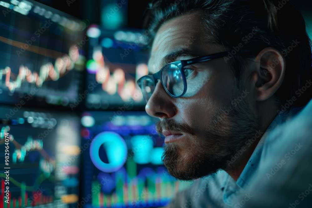 Poster a man is looking at a computer screen with multiple graphs and charts
