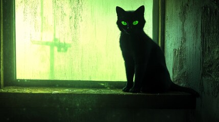Mysterious Black Cat by an Old Window