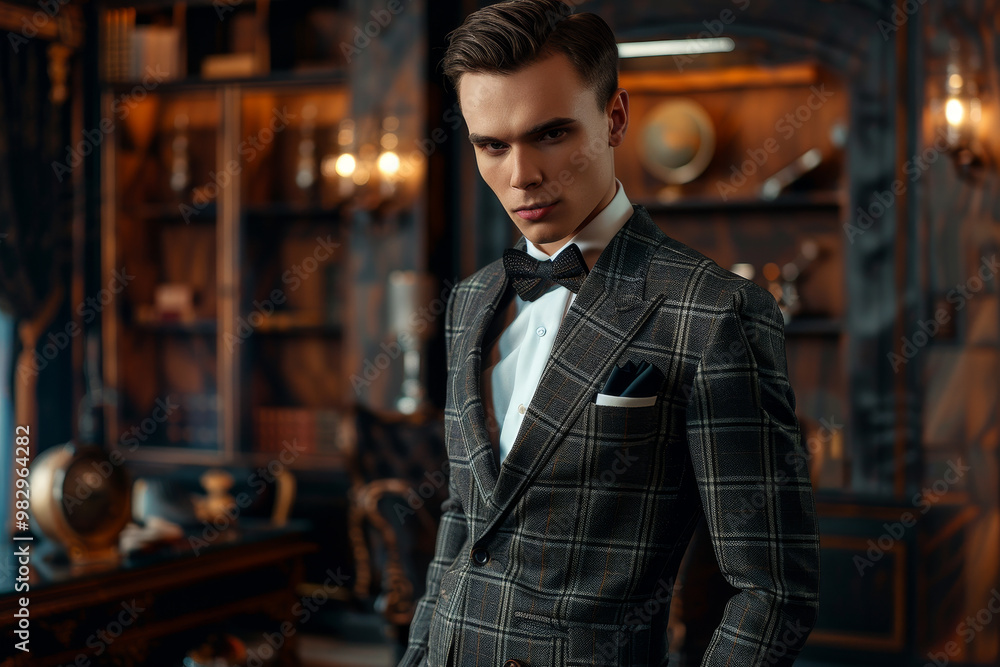 Poster a man in a suit and tie poses in front of a desk with a globe on it