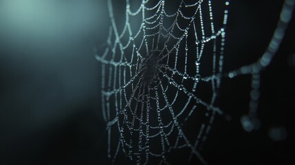 Spider Web Covered in Dew on a Foggy Night