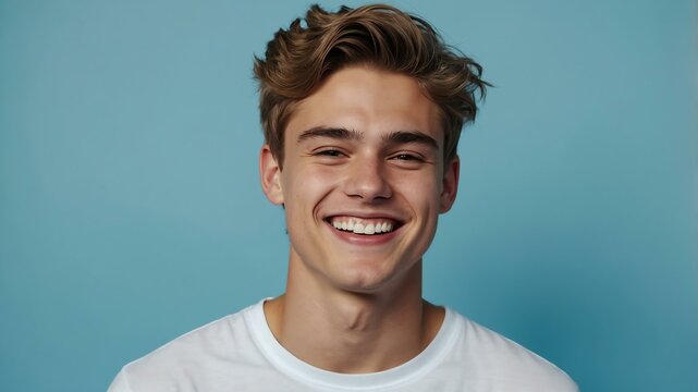 teenage white man on pastel blue background model close-up smiling with beautiful teeth for ad concept space for text